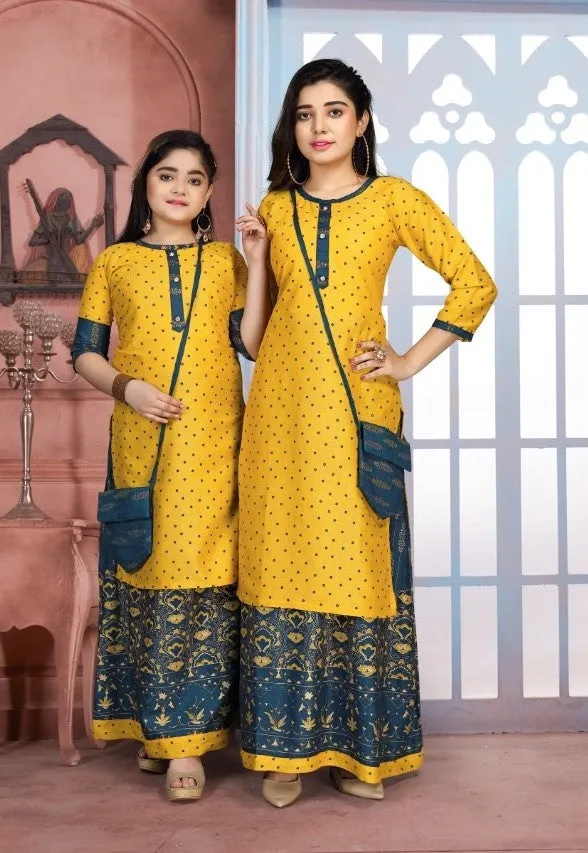 Like Mom Like Daughter Yellow Stylish Printed Rayon Kurti With Skirt & Purse