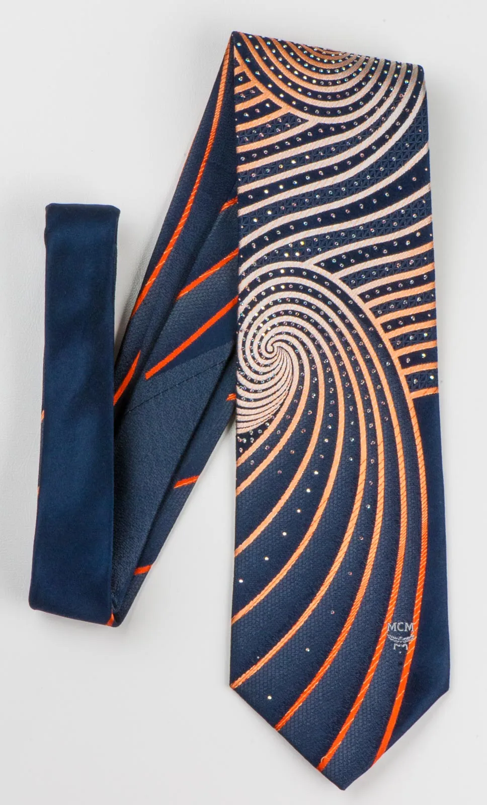 MCM Silk Necktie Orange Spirals On Blue With Rhinestones Classic 3 1/2 Inch