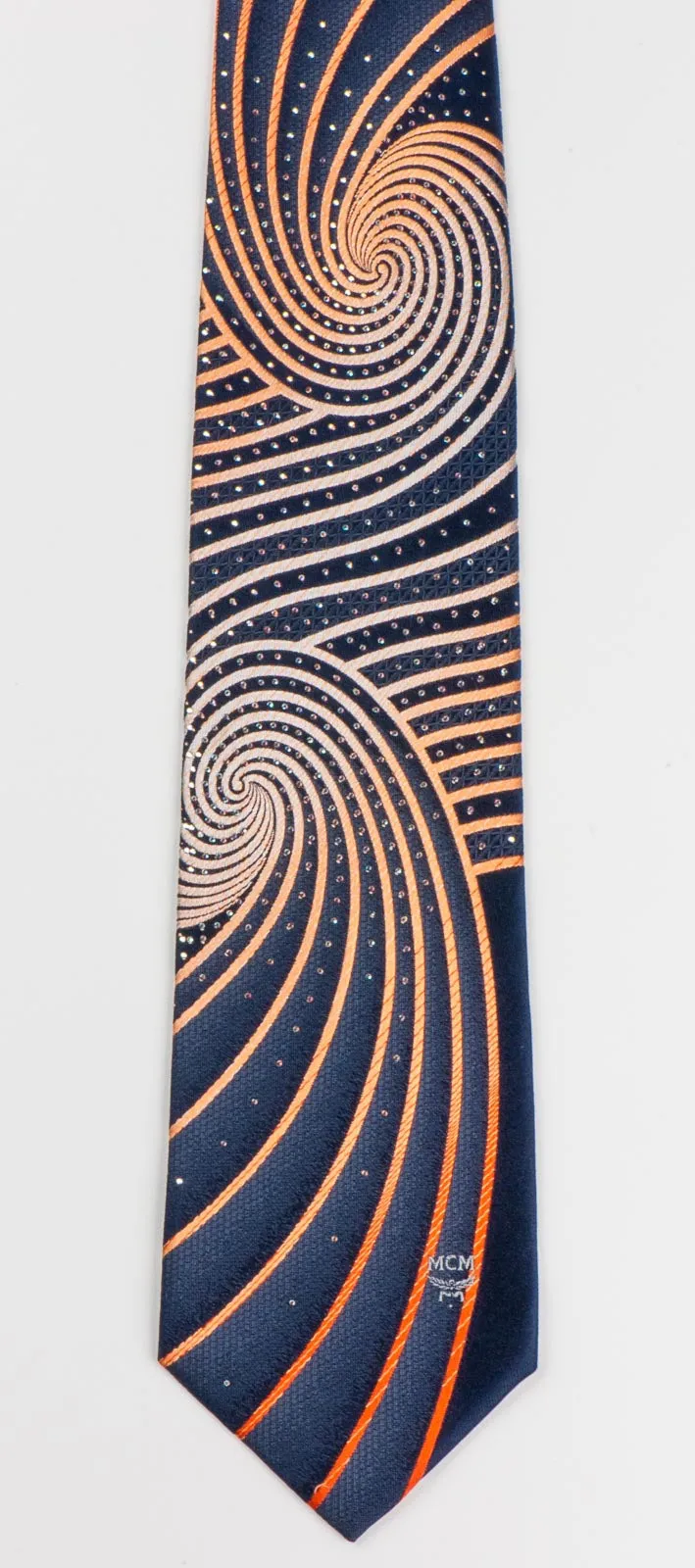 MCM Silk Necktie Orange Spirals On Blue With Rhinestones Classic 3 1/2 Inch