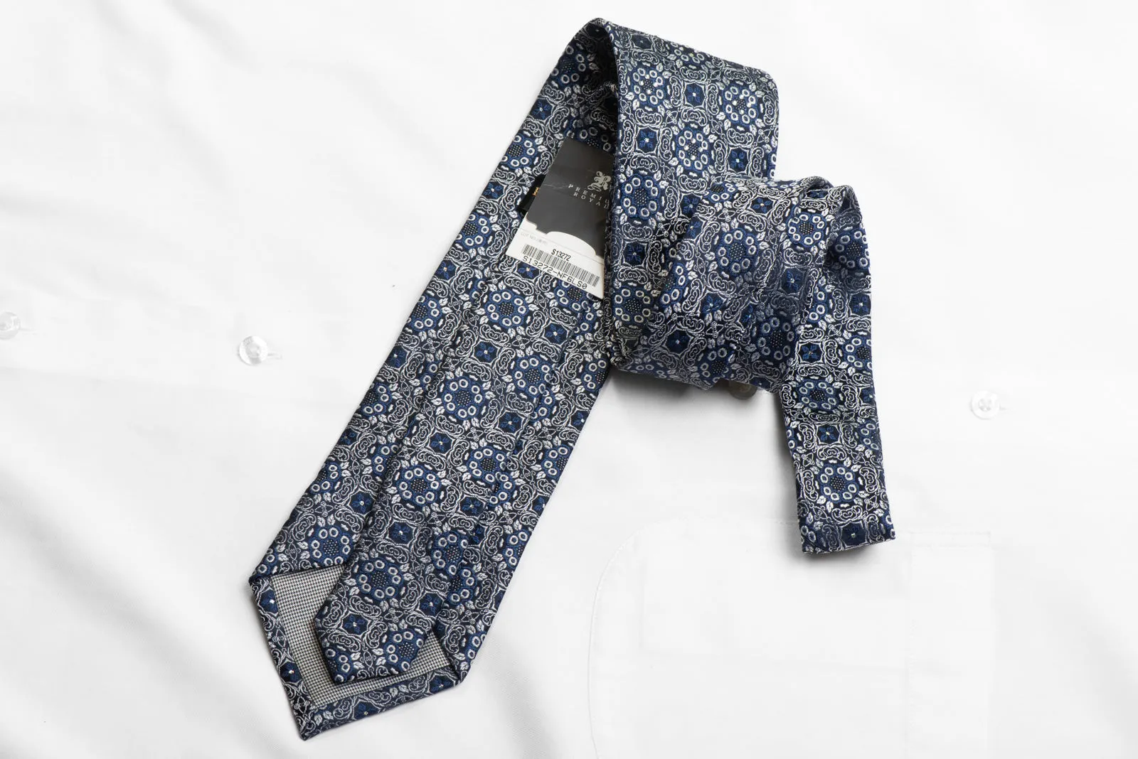 Men's Silk Necktie Silver Ornate Design on Navy Blue With Silver Sparkles