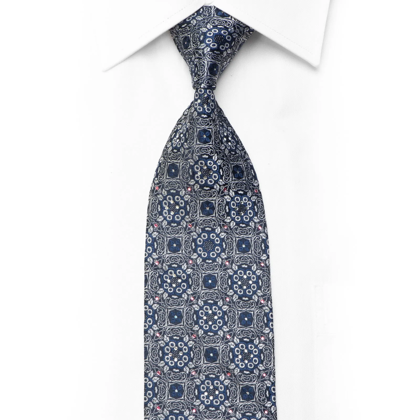 Men's Silk Necktie Silver Ornate Design on Navy Blue With Silver Sparkles