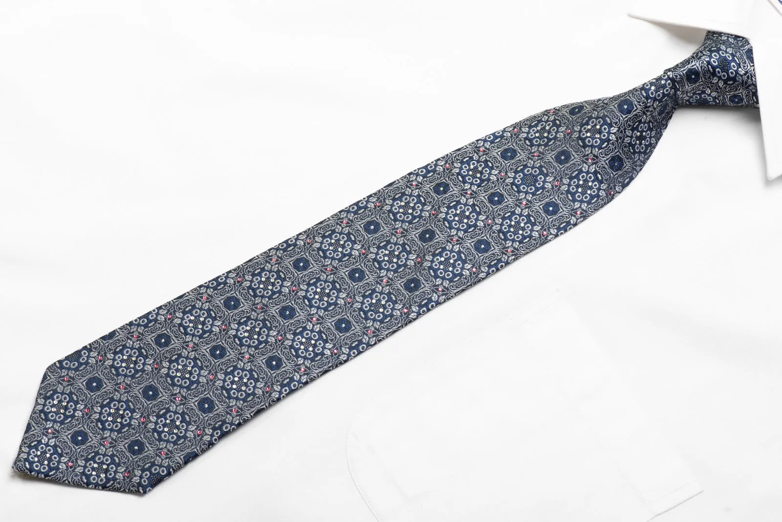 Men's Silk Necktie Silver Ornate Design on Navy Blue With Silver Sparkles