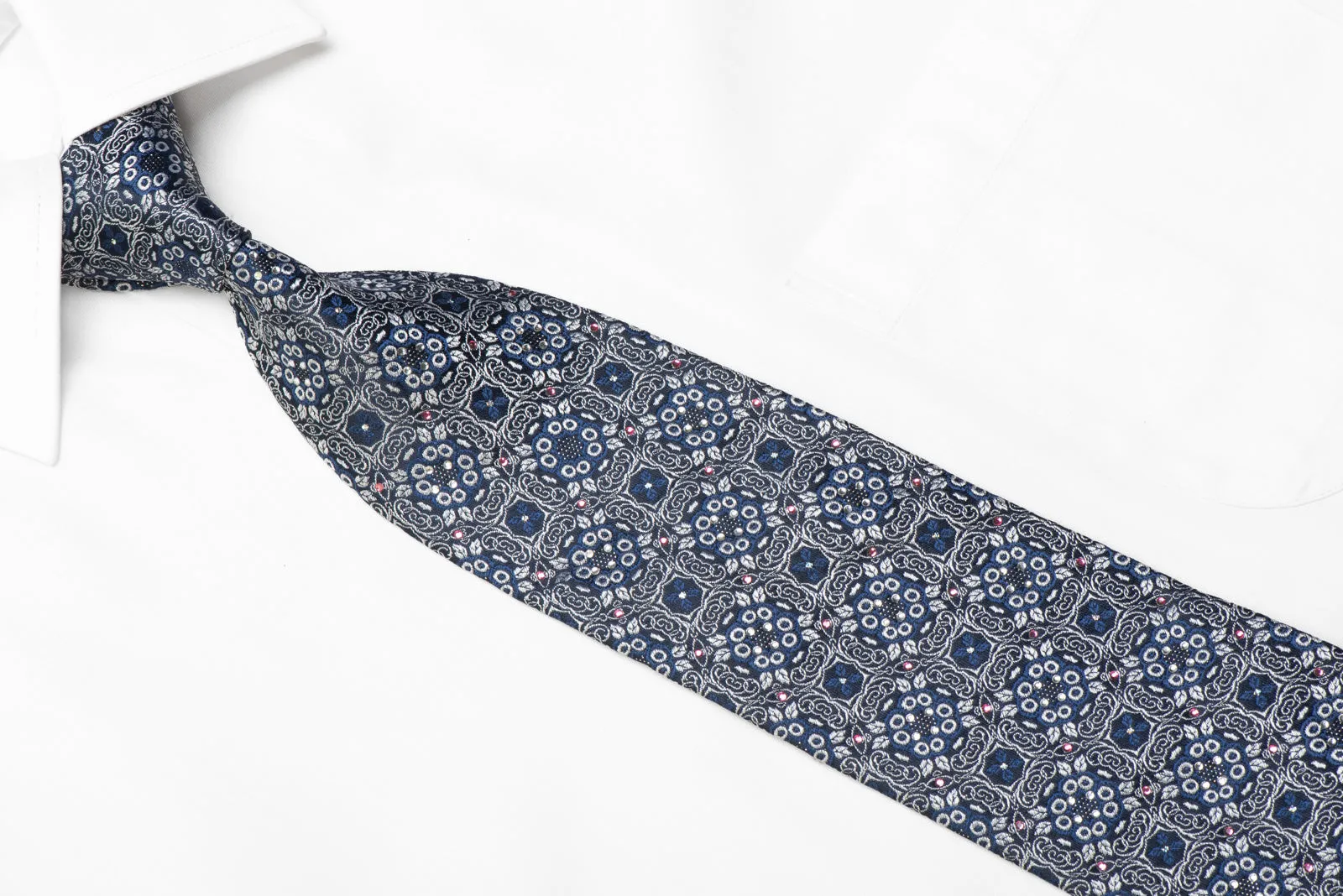 Men's Silk Necktie Silver Ornate Design on Navy Blue With Silver Sparkles