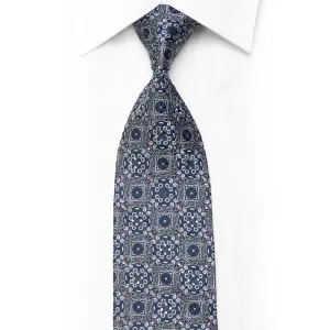 Men's Silk Necktie Silver Ornate Design on Navy Blue With Silver Sparkles