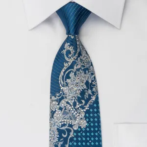 Metro City Rhinestone Tie Silver Scrolls On Blue With Silver Sparkles