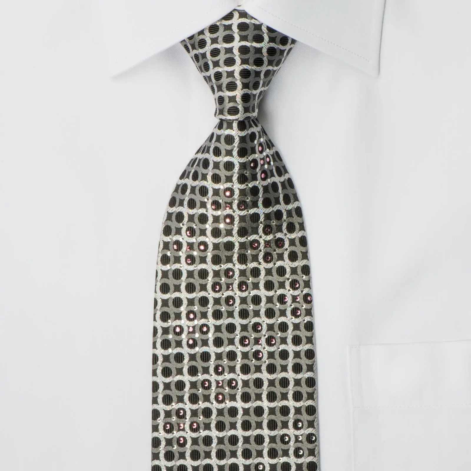 Metro City Rhinestone Tie Sparkling Silver Geometric Circles On Black