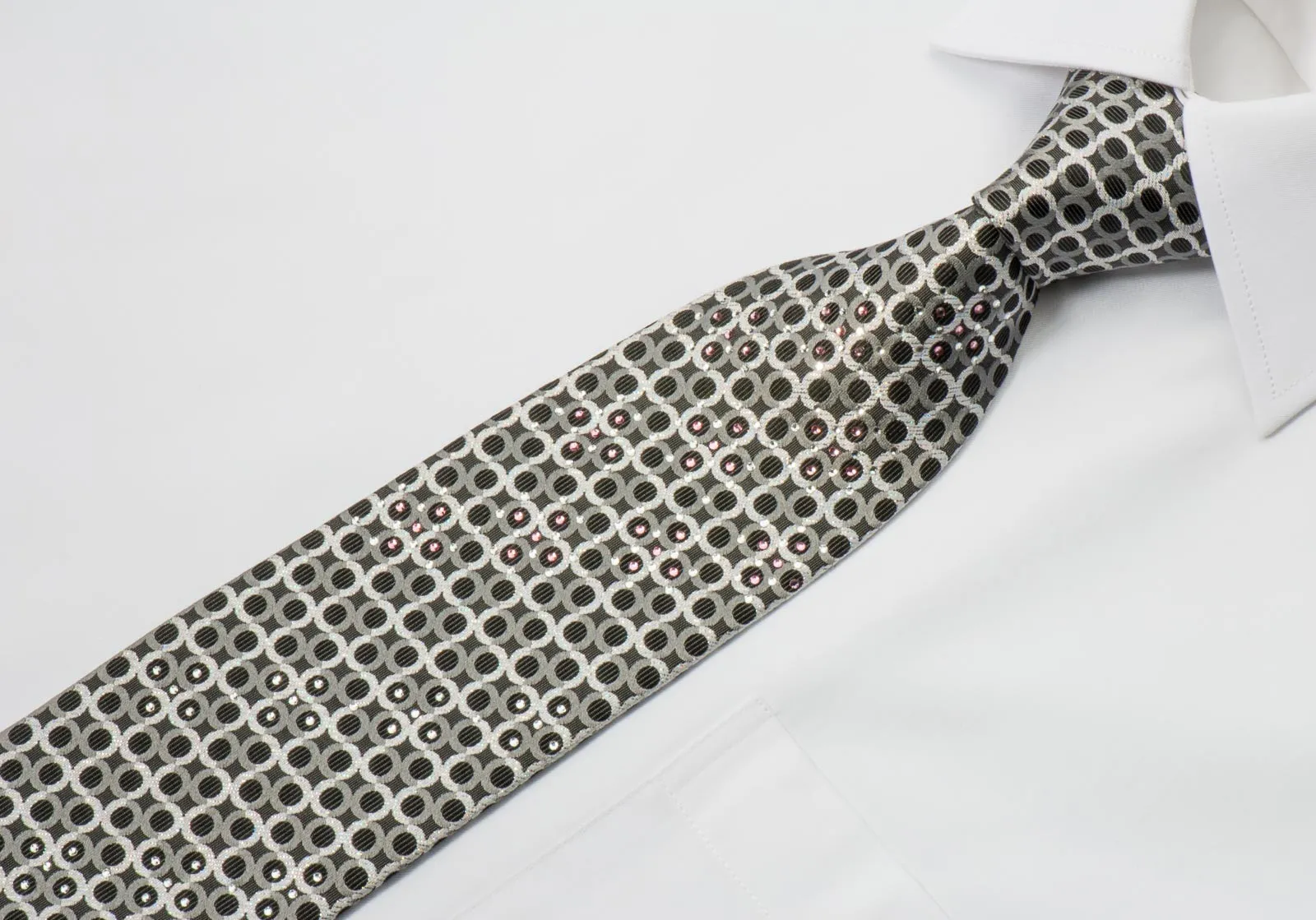 Metro City Rhinestone Tie Sparkling Silver Geometric Circles On Black