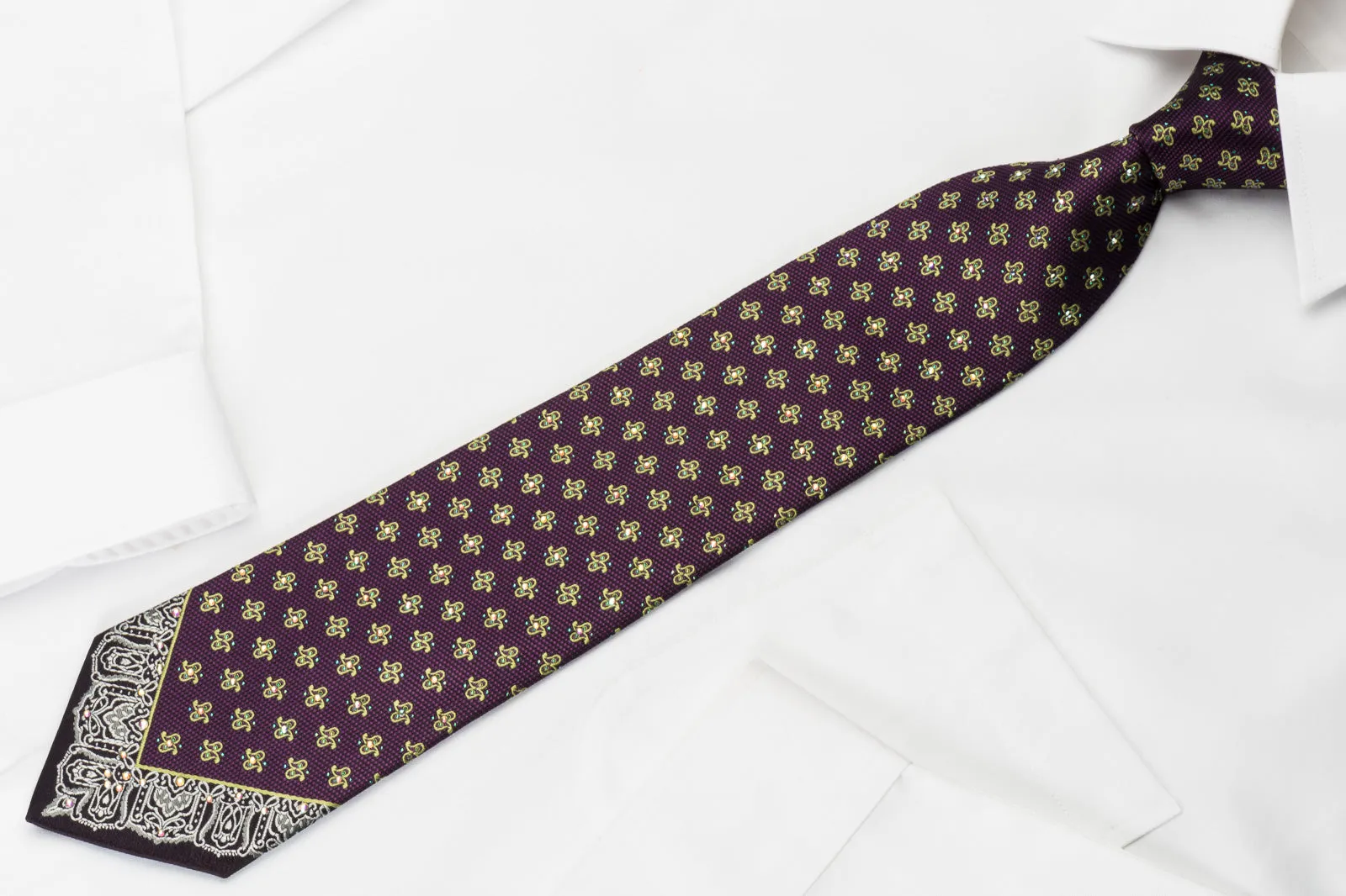 Metro City Silk Rhinestone Necktie Paisley Motif On Purple With Blue Sparkles