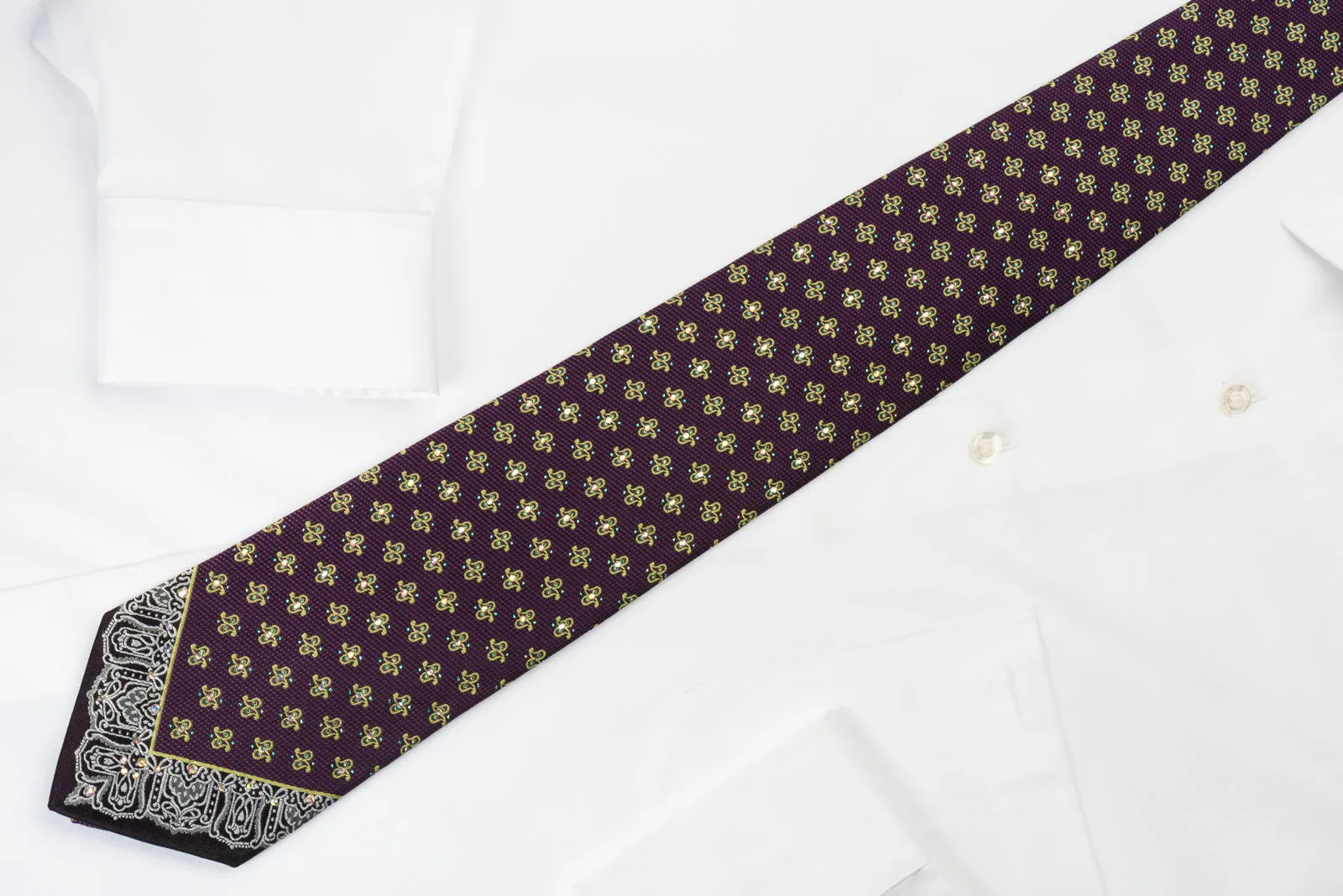 Metro City Silk Rhinestone Necktie Paisley Motif On Purple With Blue Sparkles