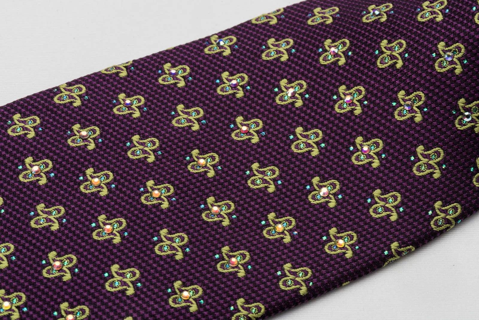 Metro City Silk Rhinestone Necktie Paisley Motif On Purple With Blue Sparkles