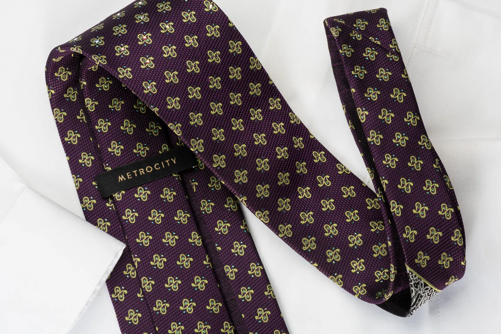 Metro City Silk Rhinestone Necktie Paisley Motif On Purple With Blue Sparkles