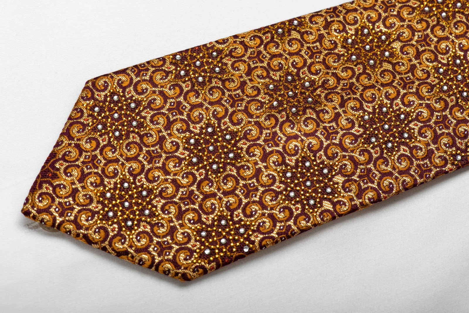 Mila Schon Mens Crystal Silk Necktie Golden Arabesque On Burgundy With Gold Sparkles