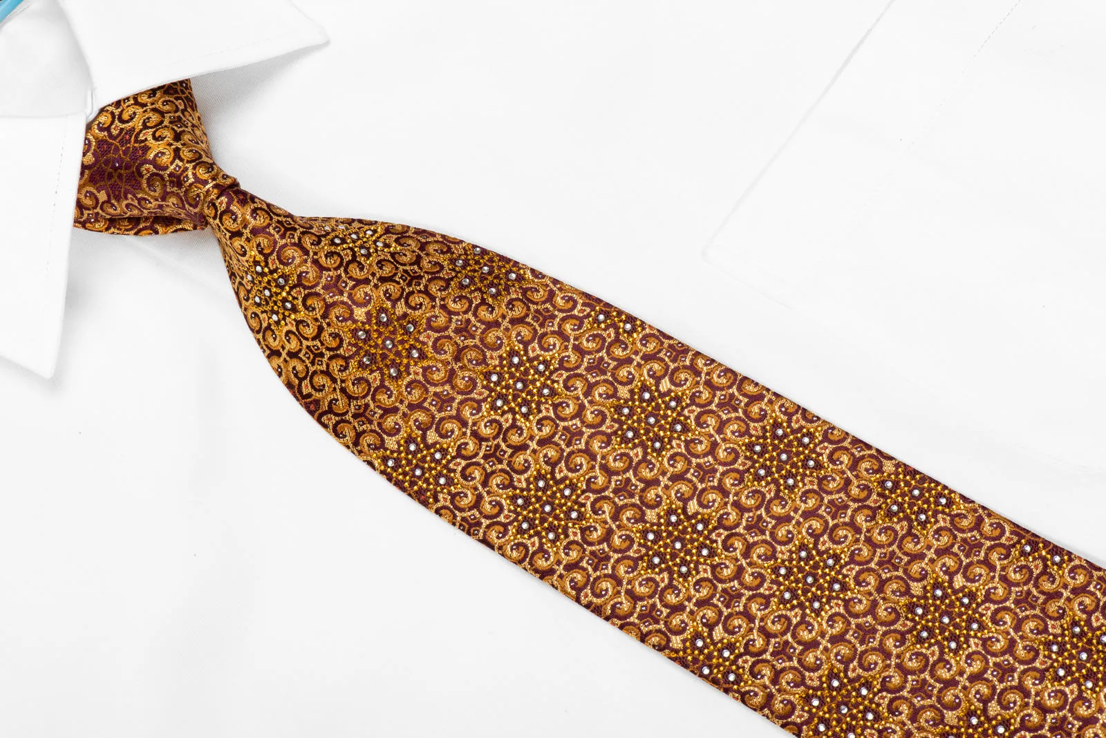 Mila Schon Mens Crystal Silk Necktie Golden Arabesque On Burgundy With Gold Sparkles