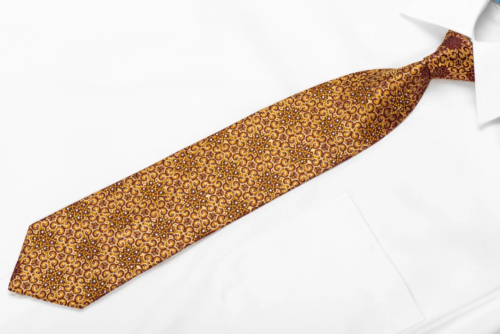 Mila Schon Mens Crystal Silk Necktie Golden Arabesque On Burgundy With Gold Sparkles