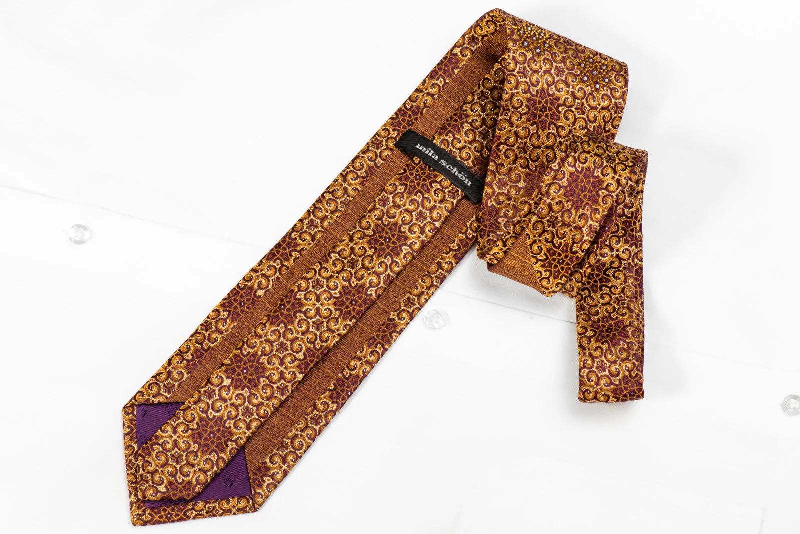 Mila Schon Mens Crystal Silk Necktie Golden Arabesque On Burgundy With Gold Sparkles