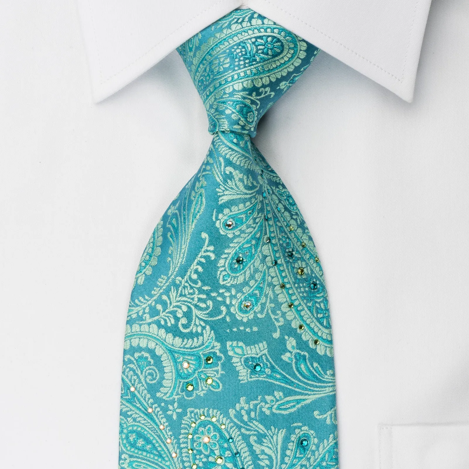 Mila Schon Rhinestone Necktie Turquoise Paisley With Silver Sparkles