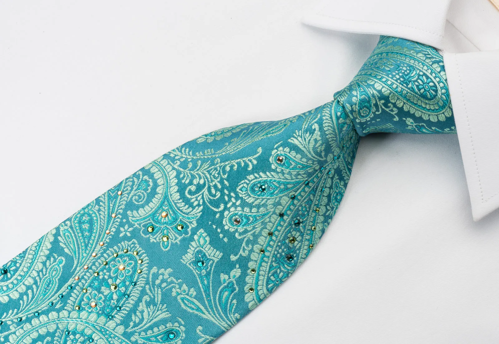 Mila Schon Rhinestone Necktie Turquoise Paisley With Silver Sparkles