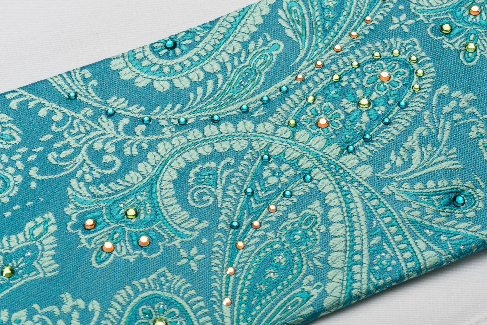 Mila Schon Rhinestone Necktie Turquoise Paisley With Silver Sparkles