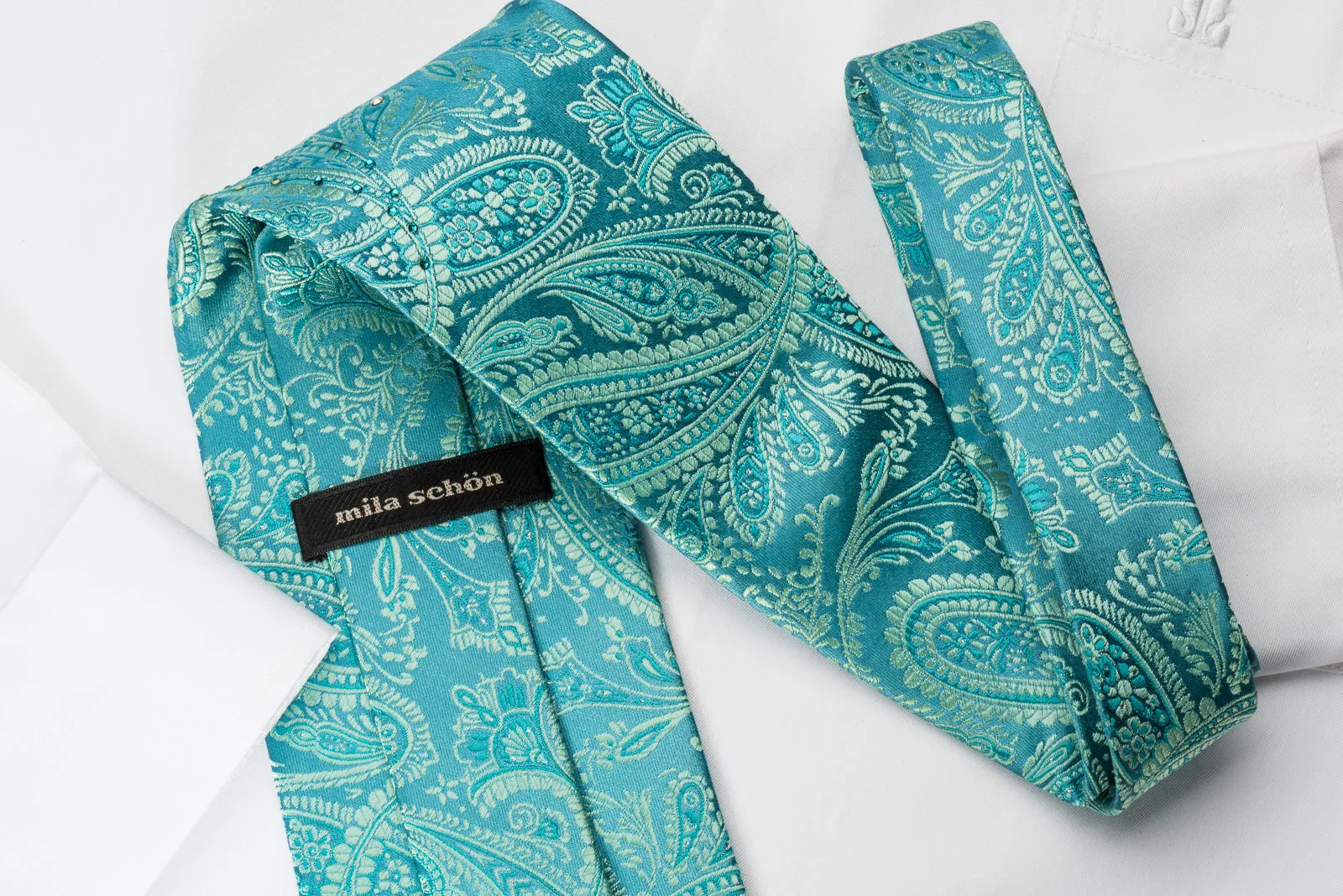 Mila Schon Rhinestone Necktie Turquoise Paisley With Silver Sparkles