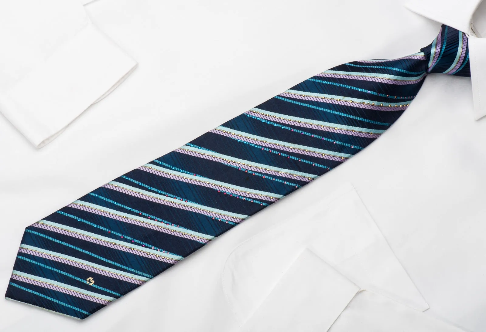 Mila Schon Rhinestone Silk Necktie Classic Striped On Blue With Silver Sparkles