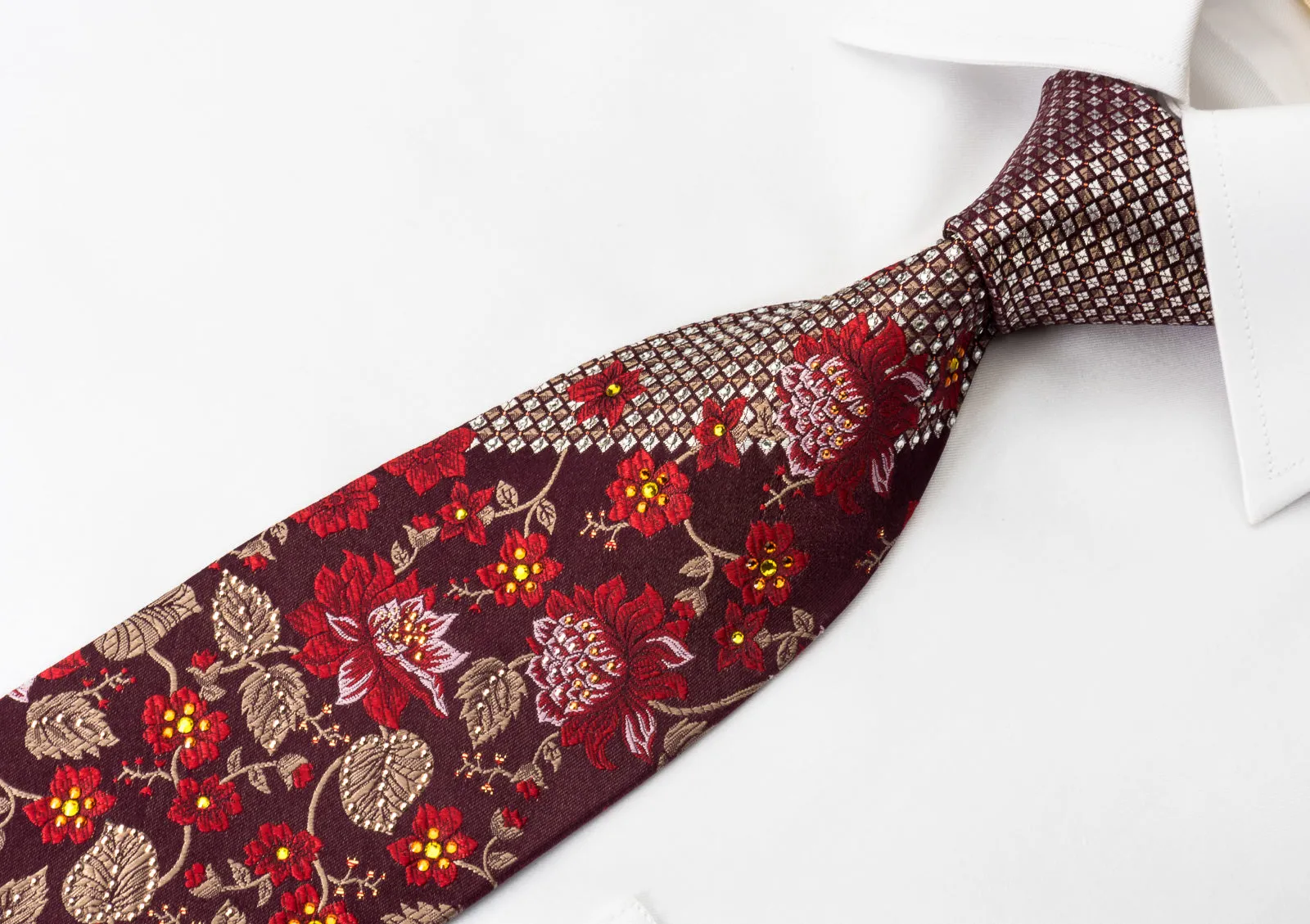 Mila Schon Rhinestone Silk Necktie Floral On Burgundy With Silver Sparkles