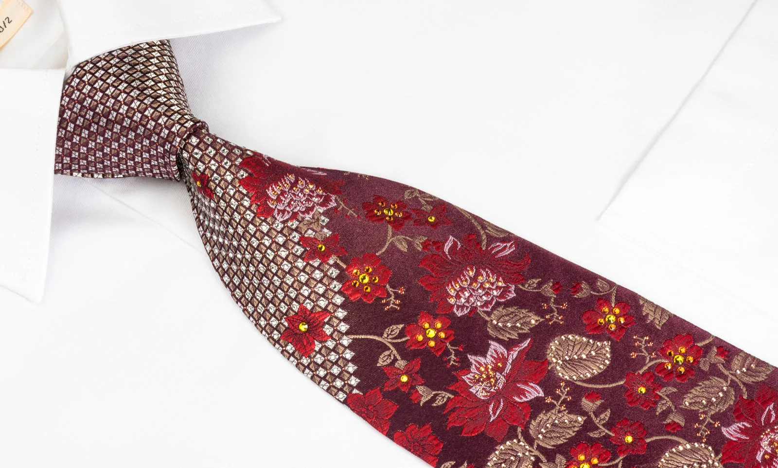 Mila Schon Rhinestone Silk Necktie Floral On Burgundy With Silver Sparkles