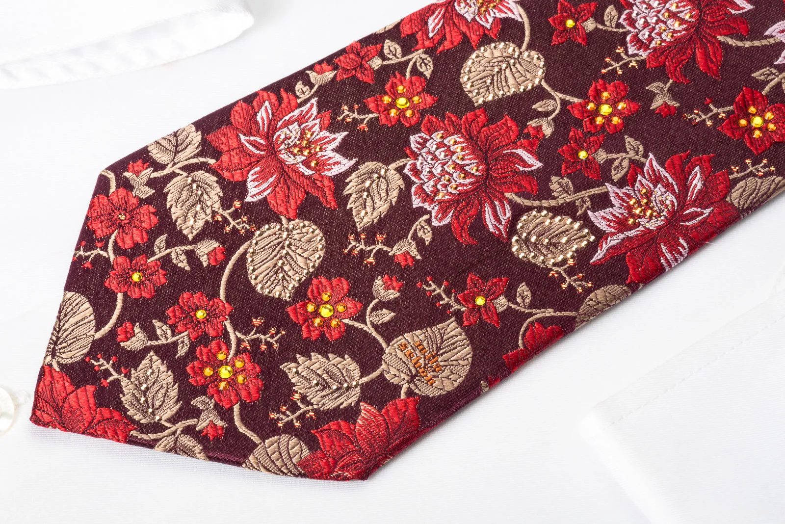 Mila Schon Rhinestone Silk Necktie Floral On Burgundy With Silver Sparkles