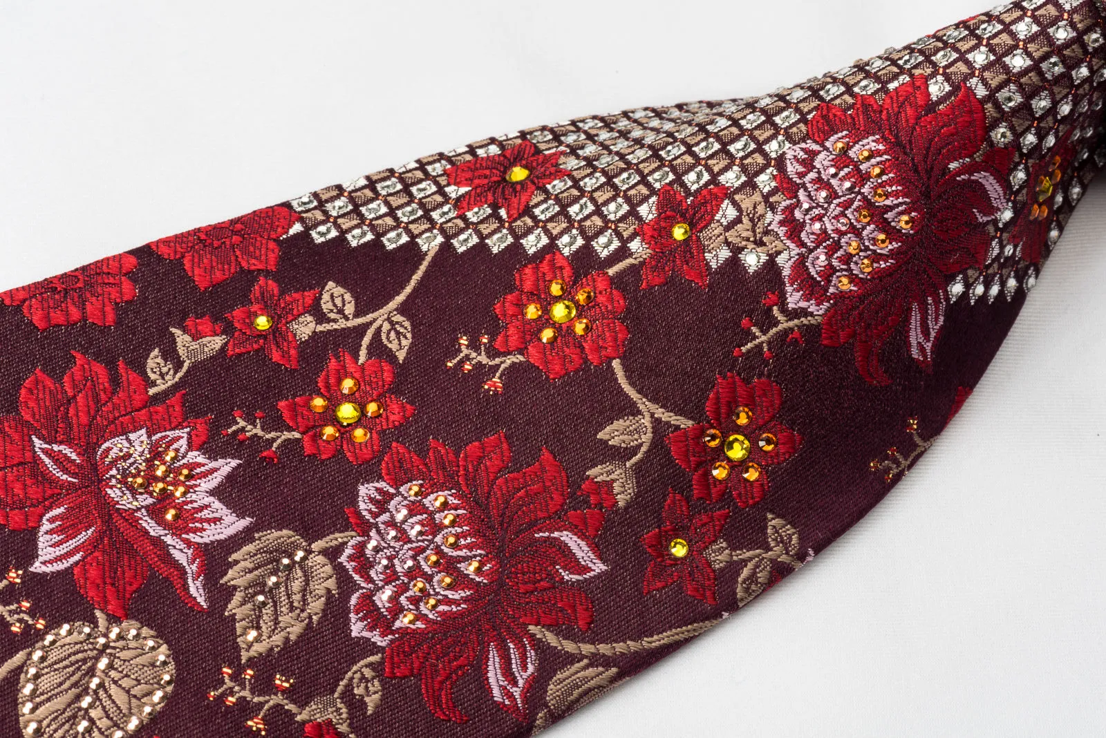 Mila Schon Rhinestone Silk Necktie Floral On Burgundy With Silver Sparkles