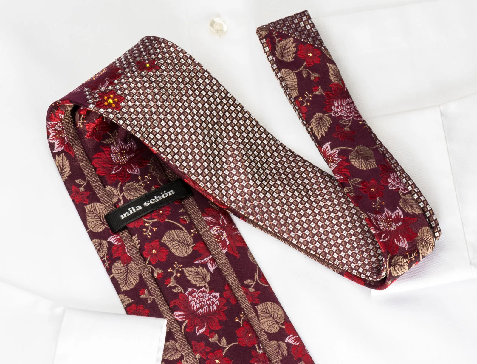 Mila Schon Rhinestone Silk Necktie Floral On Burgundy With Silver Sparkles