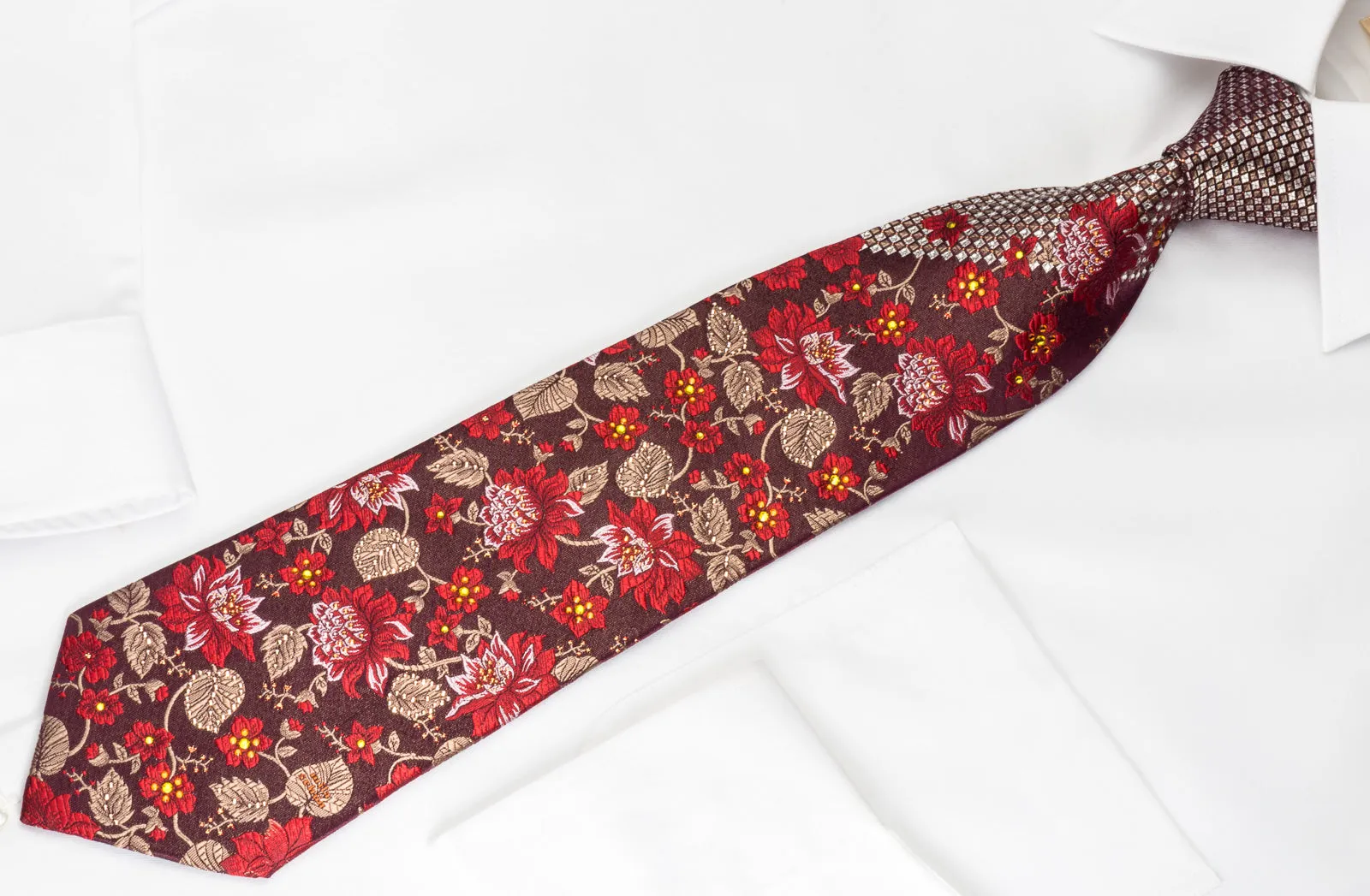 Mila Schon Rhinestone Silk Necktie Floral On Burgundy With Silver Sparkles