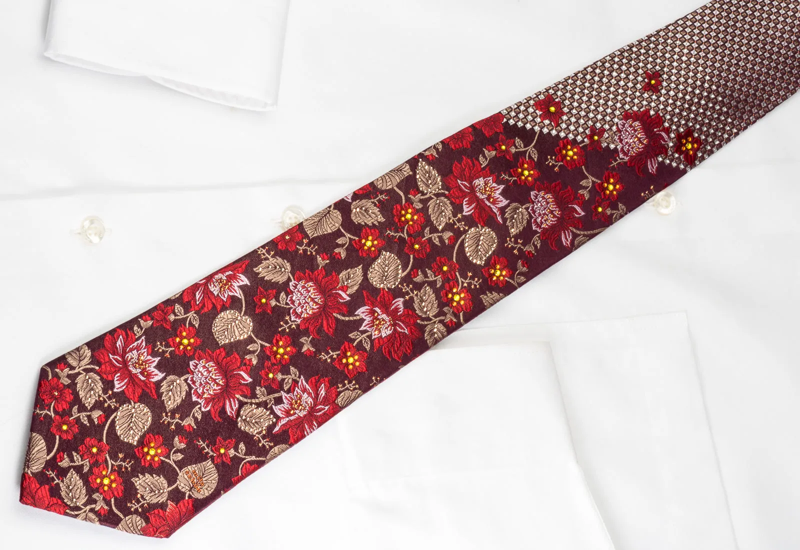 Mila Schon Rhinestone Silk Necktie Floral On Burgundy With Silver Sparkles