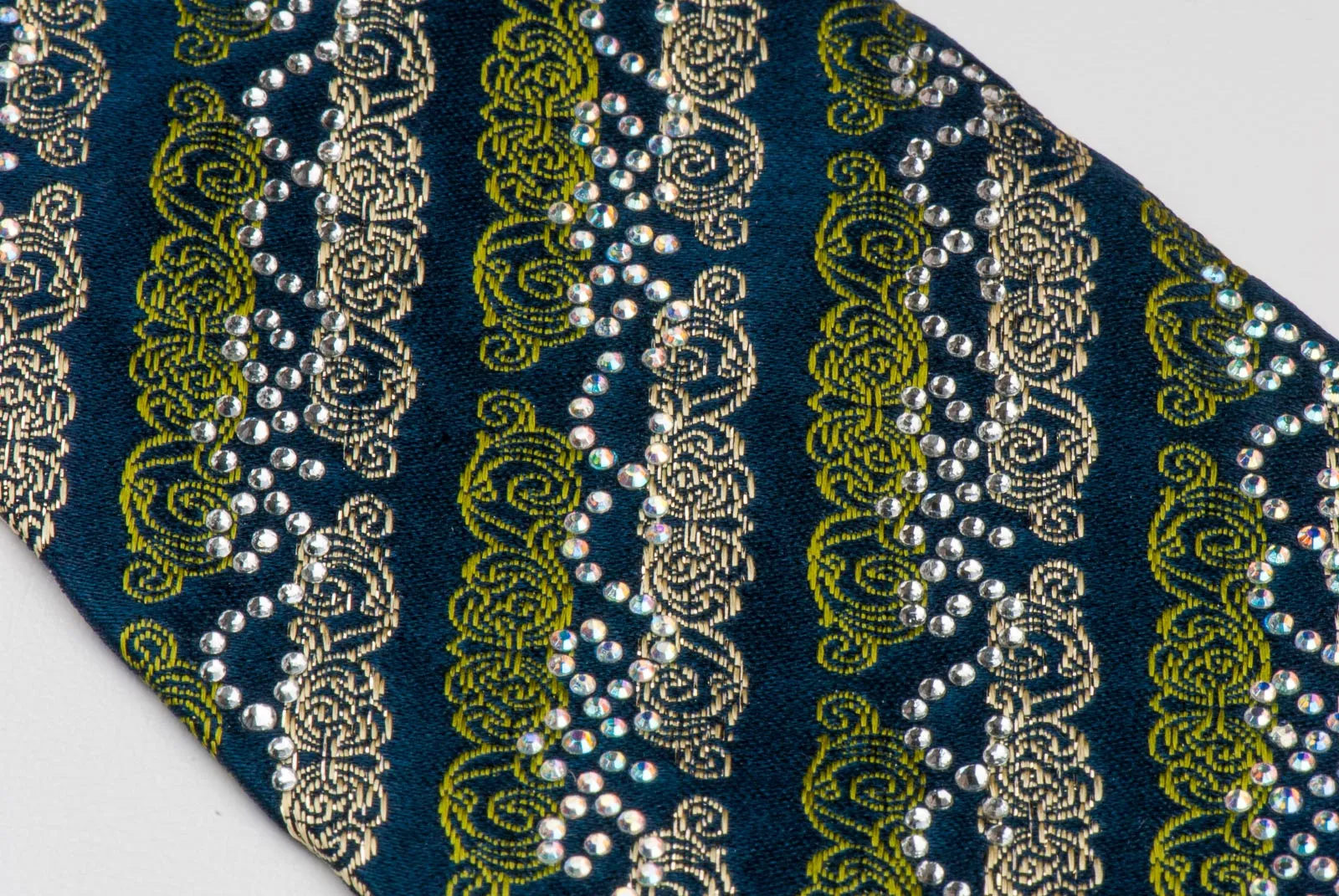 Milla Schon Silk NeckTie Striped Scrolls In Gold Green On Black With Rhinestones