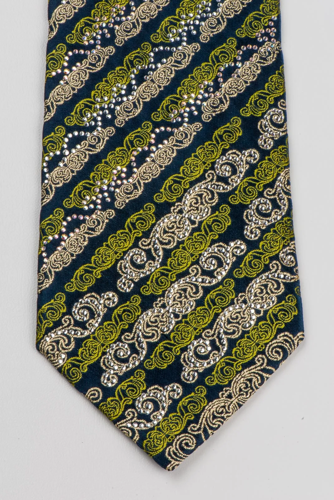 Milla Schon Silk NeckTie Striped Scrolls In Gold Green On Black With Rhinestones