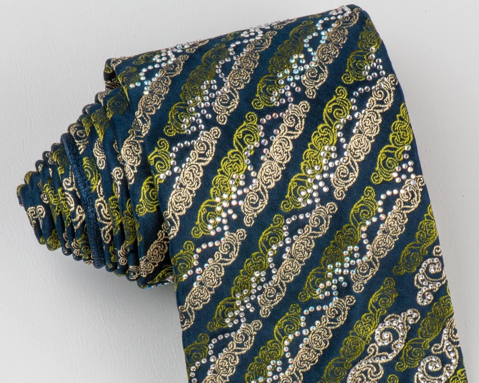 Milla Schon Silk NeckTie Striped Scrolls In Gold Green On Black With Rhinestones