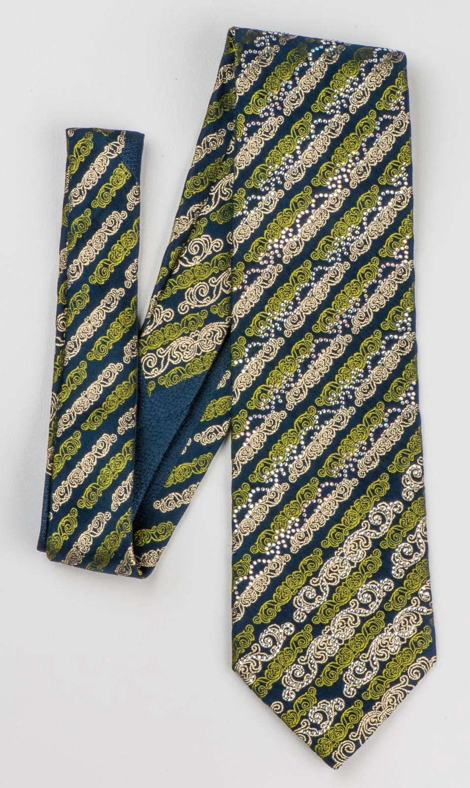 Milla Schon Silk NeckTie Striped Scrolls In Gold Green On Black With Rhinestones