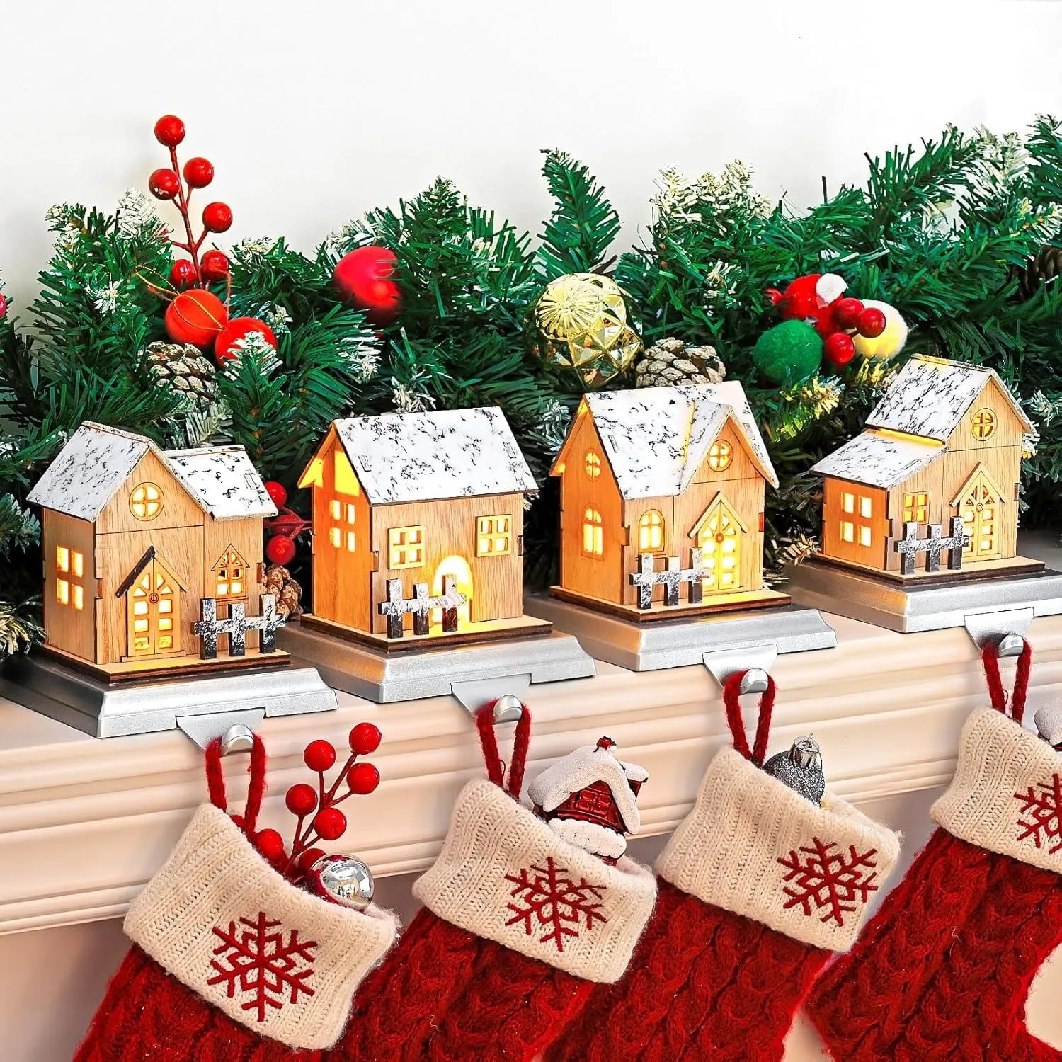 modern 4pcs Christmas Stocking Holders with Lights, Fireplace Mantles Stocking Hooks for Xmas Party Decoration