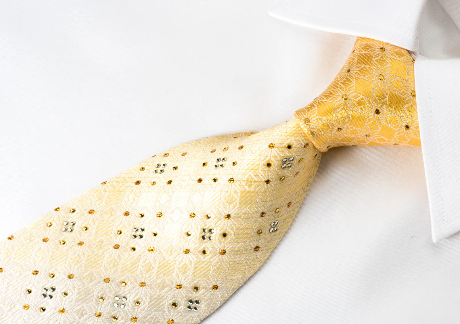 Nicole St Giles Silk Rhinestone Tie Jacquard Woven Checker On Yellow Silver With Golden Sparkles