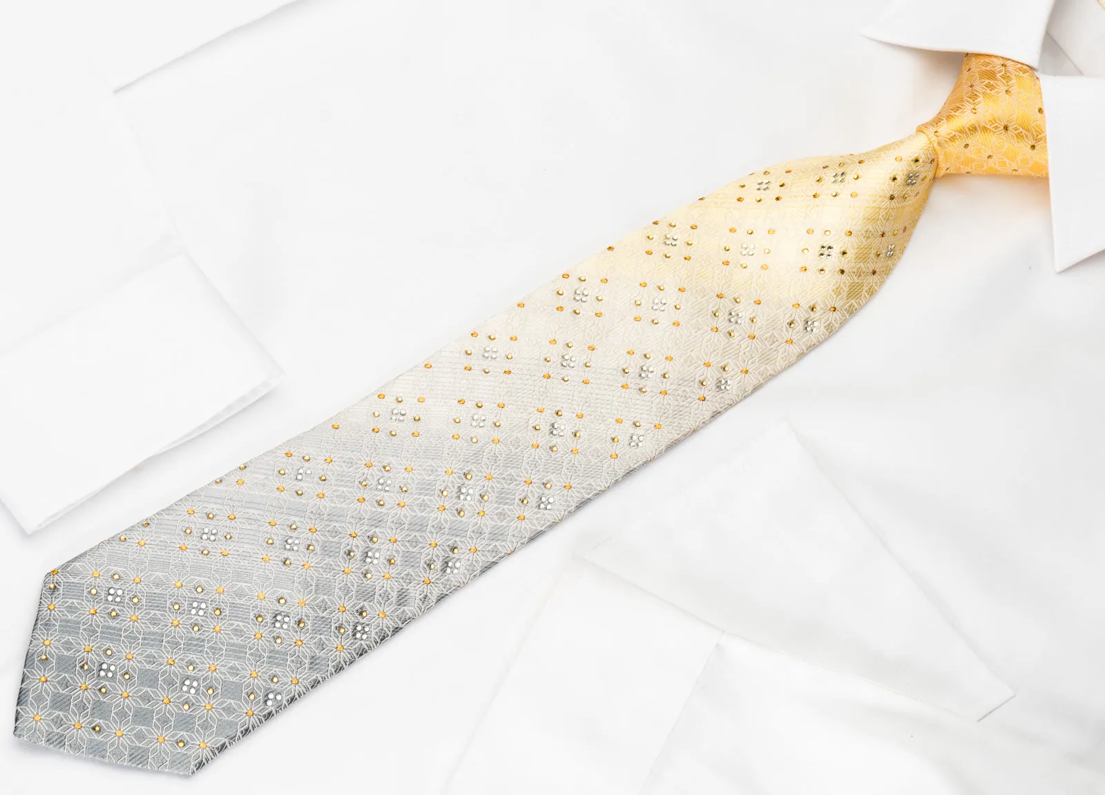 Nicole St Giles Silk Rhinestone Tie Jacquard Woven Checker On Yellow Silver With Golden Sparkles