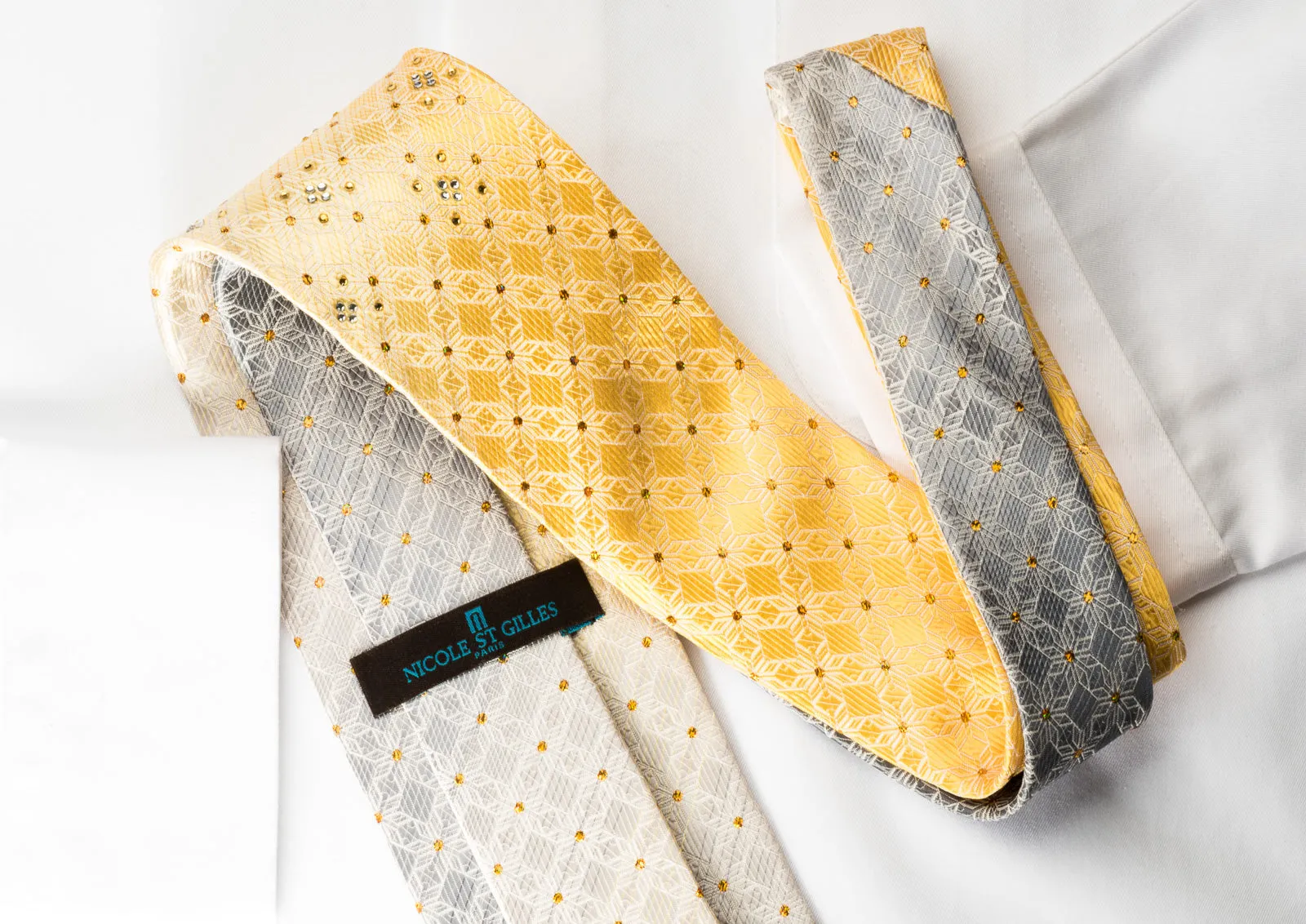 Nicole St Giles Silk Rhinestone Tie Jacquard Woven Checker On Yellow Silver With Golden Sparkles