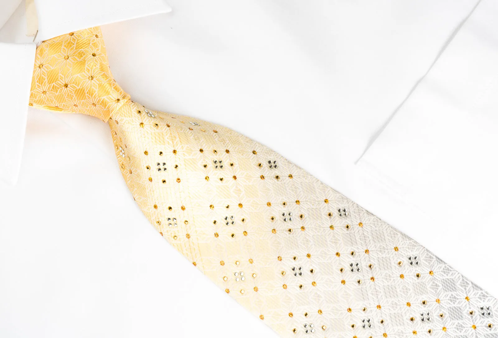 Nicole St Giles Silk Rhinestone Tie Jacquard Woven Checker On Yellow Silver With Golden Sparkles