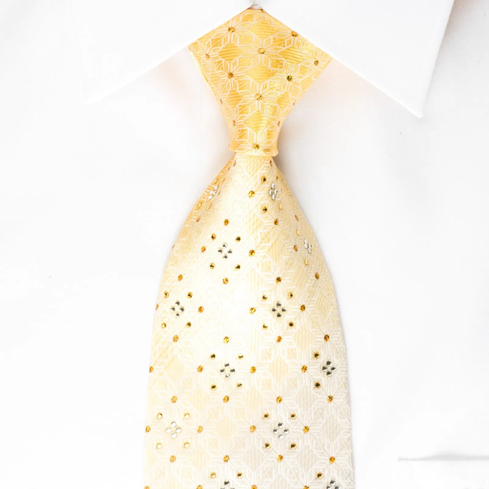 Nicole St Giles Silk Rhinestone Tie Jacquard Woven Checker On Yellow Silver With Golden Sparkles