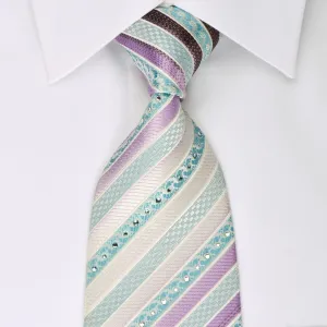 Nina Ricci Silk Necktie Turquoise Purple Striped With Rhinestones