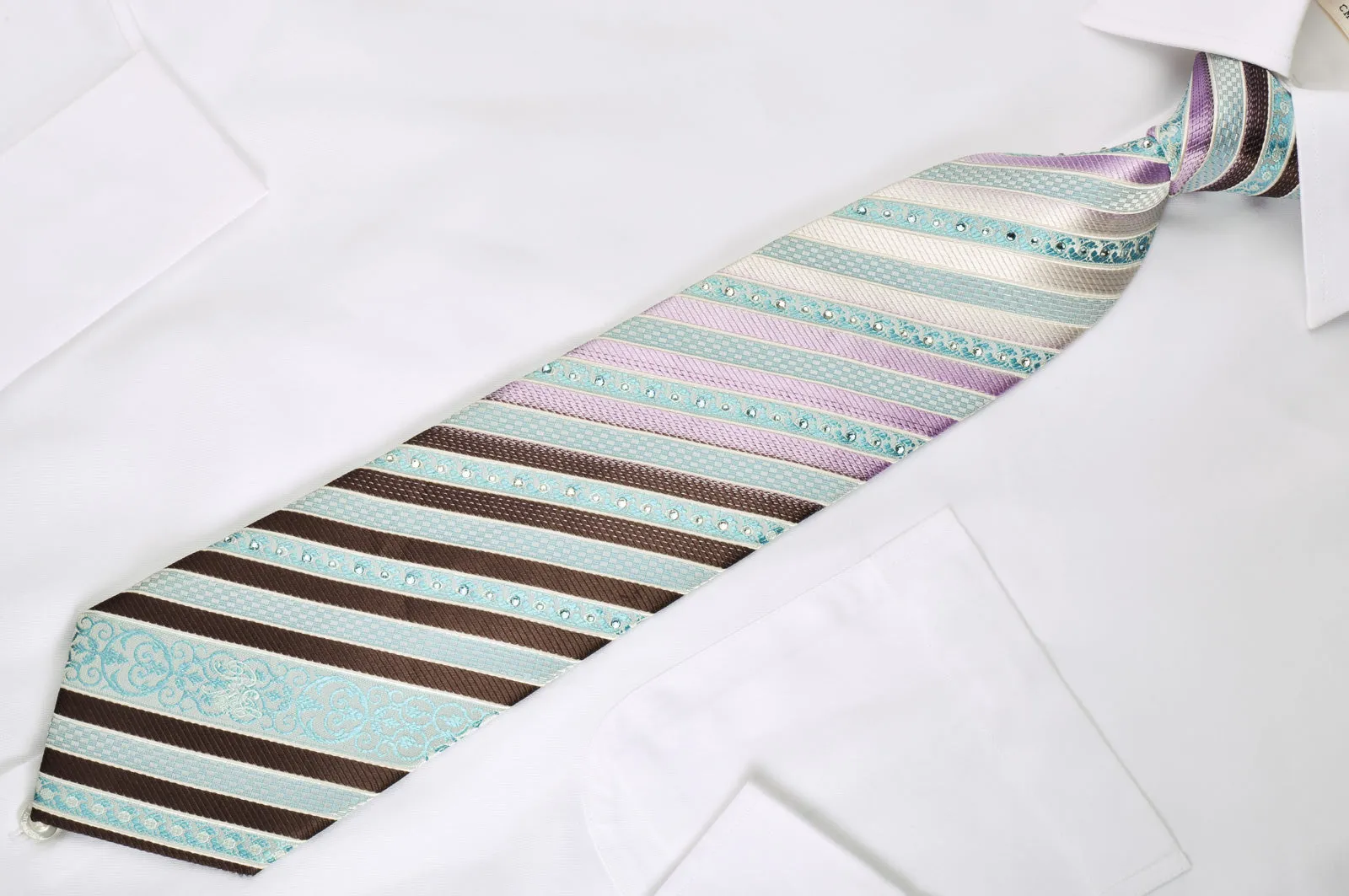 Nina Ricci Silk Necktie Turquoise Purple Striped With Rhinestones