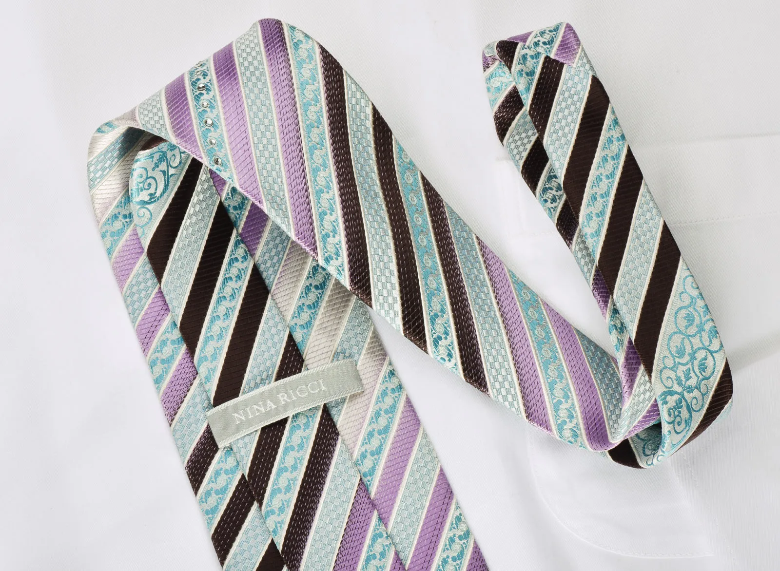 Nina Ricci Silk Necktie Turquoise Purple Striped With Rhinestones