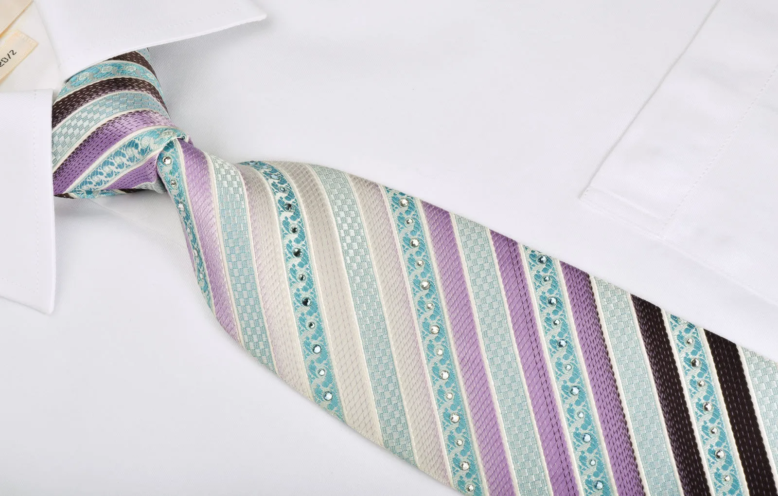 Nina Ricci Silk Necktie Turquoise Purple Striped With Rhinestones