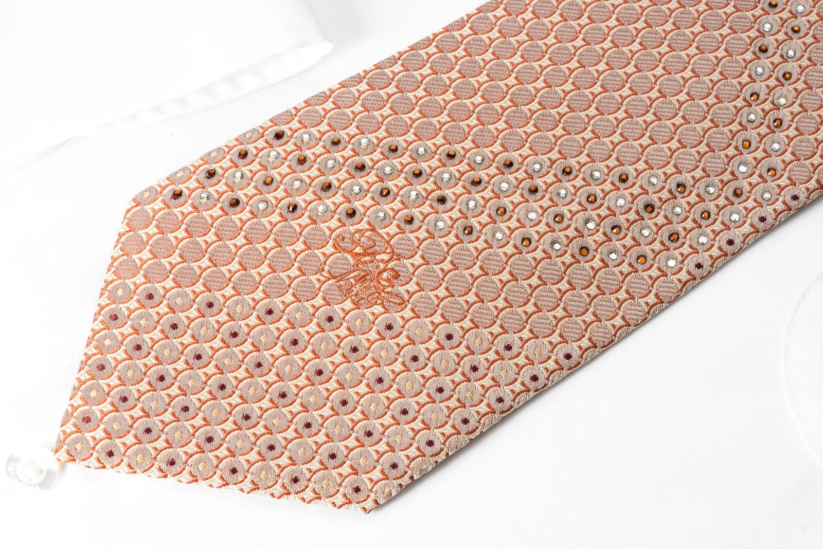 Nina Ricci Silk Tie Geometric Dots On Peach With Rhinestones