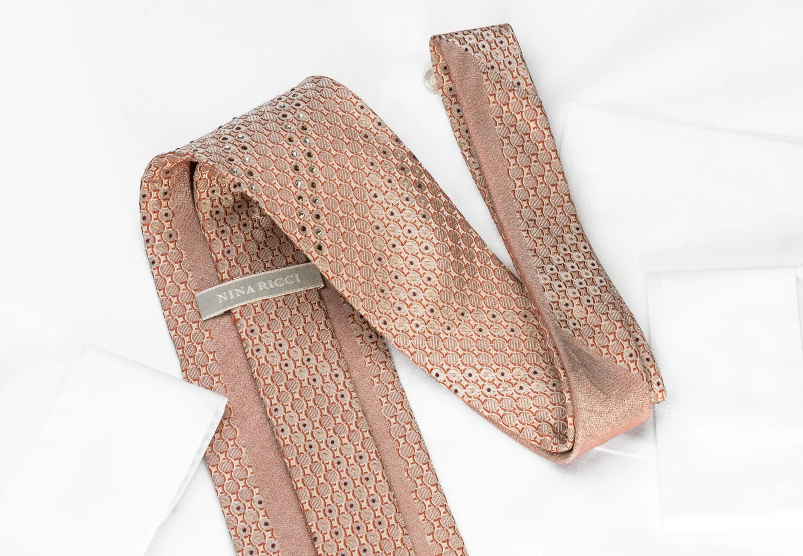 Nina Ricci Silk Tie Geometric Dots On Peach With Rhinestones