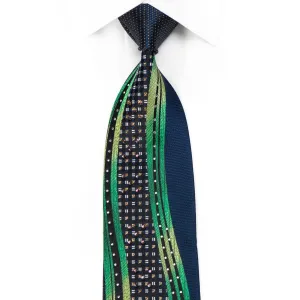 OVO-Classic Mens Silk Necktie Green Waves On Navy With Silver Sparkles