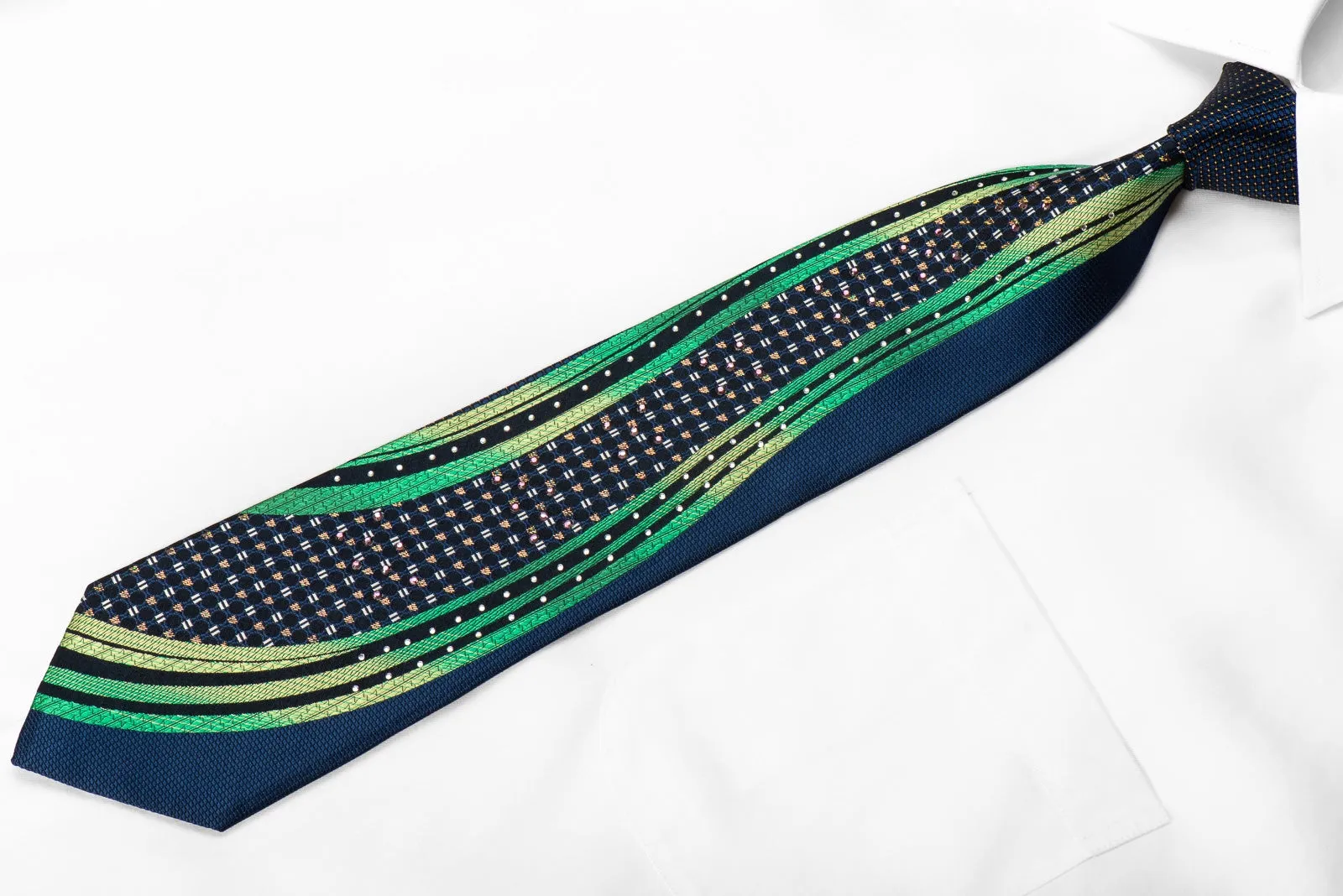 OVO-Classic Mens Silk Necktie Green Waves On Navy With Silver Sparkles