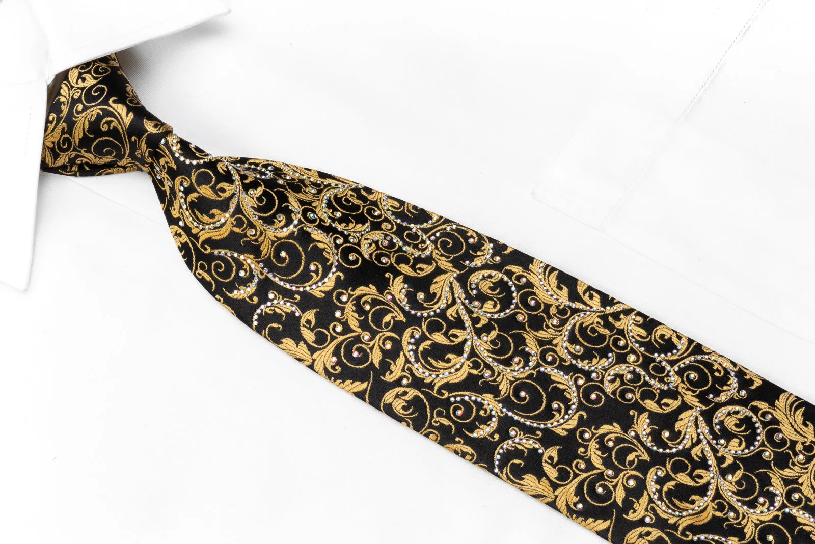 Paco Rabanne Mens Crystal Rhinestone Necktie Golden Acanthus On Black